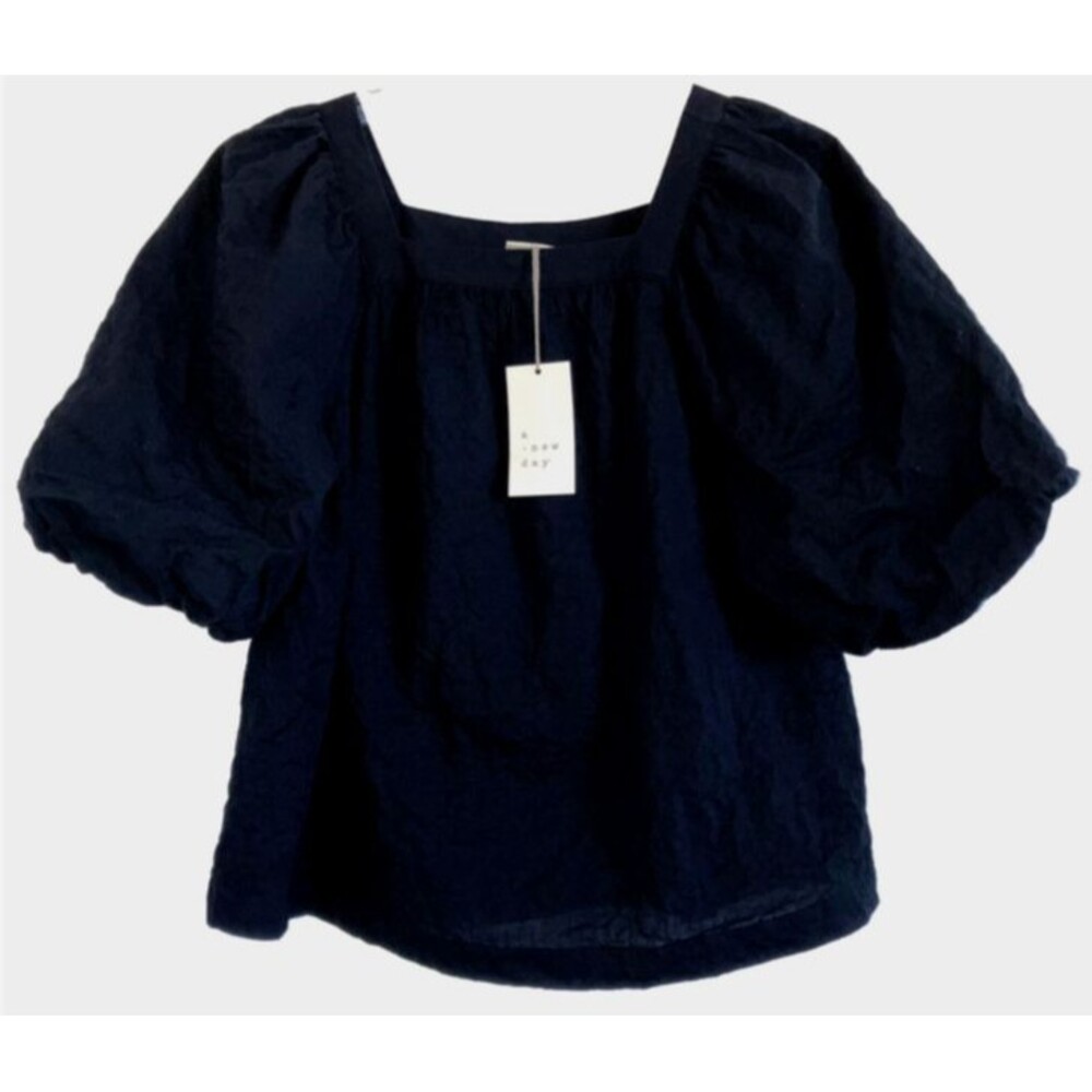 A NEW DAY size XS Solid Black Cotton Puffed Balloon Sleeve Blouse Top Cropped